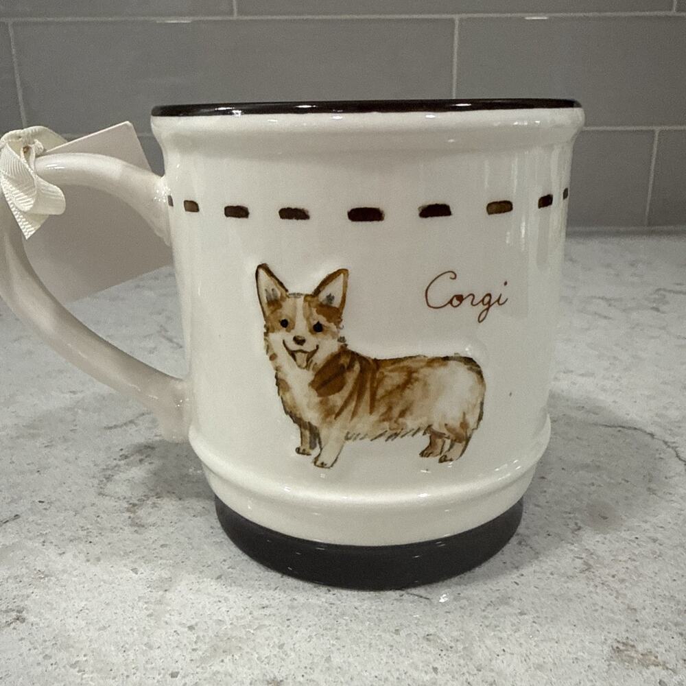 DWELL Studio CORGI 16oz Ceramic Mug Brown Cream Dog Mom Gift NEW